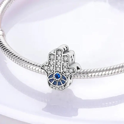 Blue Hamsa Hand Sterling Silver Charm Hallmarked S925 for Charm Bracelet and Necklace