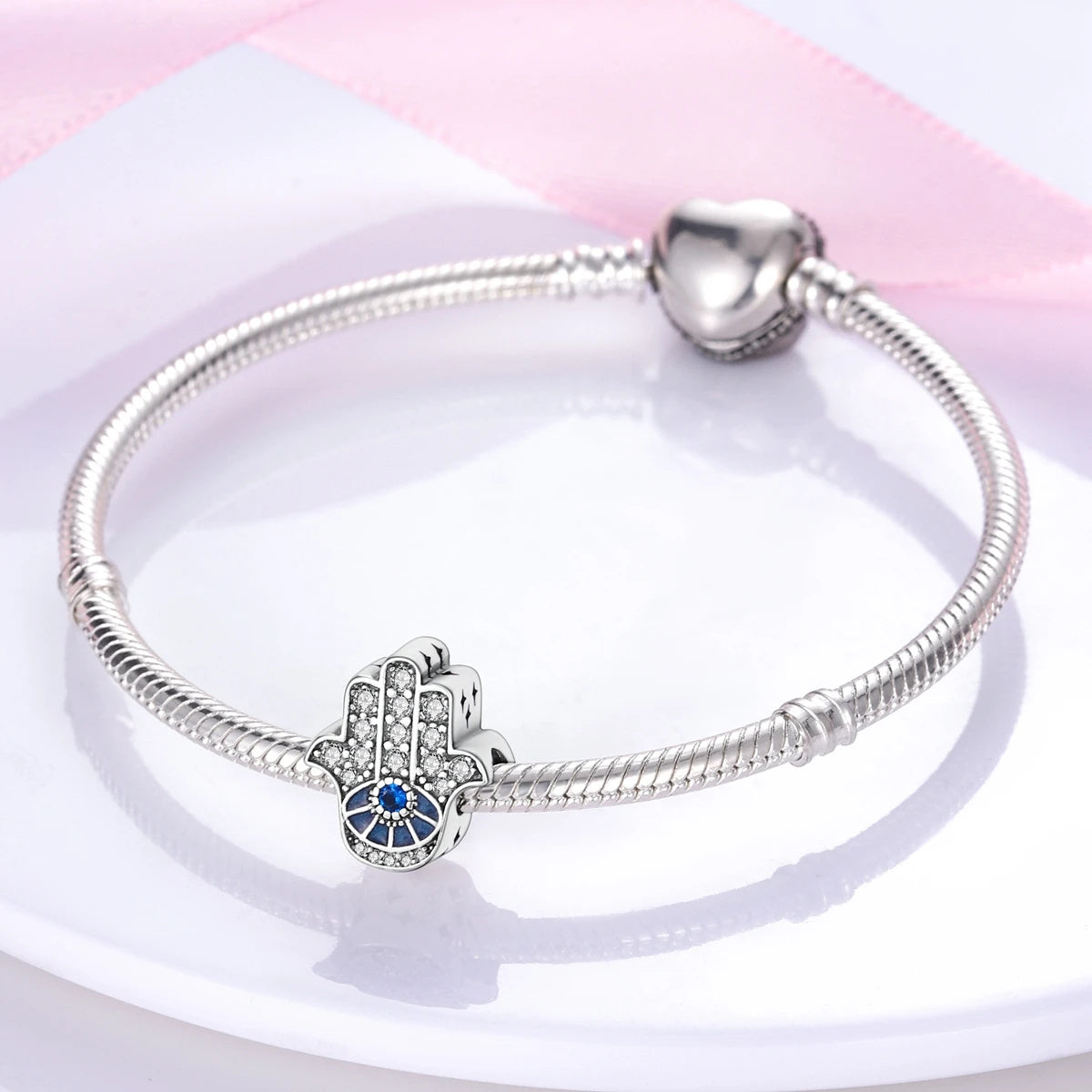 Blue Hamsa Hand Sterling Silver Charm Hallmarked S925 for Charm Bracelet and Necklace