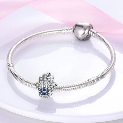 Blue Hamsa Hand Sterling Silver Charm Hallmarked S925 for Charm Bracelet and Necklace