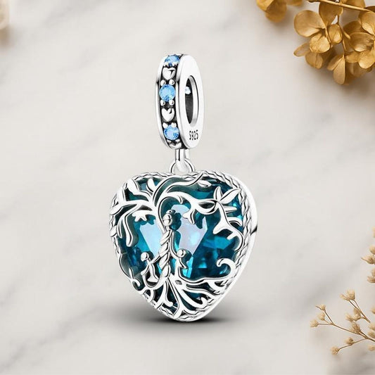 Blue Heart Family Tree Dangle Sterling Silver Charm Hallmarked S925 for Charm Bracelet and Necklace