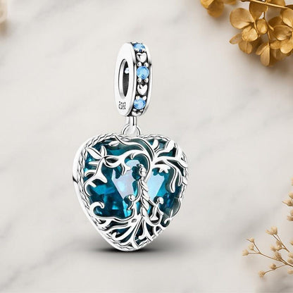 Blue Heart Family Tree Dangle Sterling Silver Charm Hallmarked S925 for Charm Bracelet and Necklace