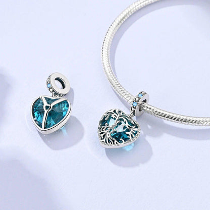 Blue Heart Family Tree Dangle Sterling Silver Charm Hallmarked S925 for Charm Bracelet and Necklace