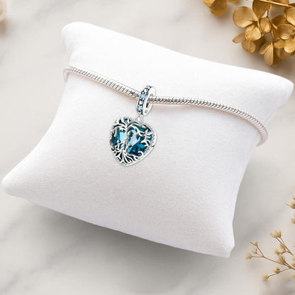 Blue Heart Family Tree Dangle Sterling Silver Charm Hallmarked S925 for Charm Bracelet and Necklace