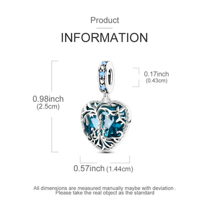 Blue Heart Family Tree Dangle Sterling Silver Charm Hallmarked S925 for Charm Bracelet and Necklace