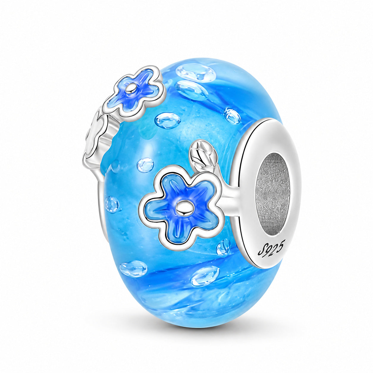 Blue Murano Glass Flower Bead Charm Sterling Silver Charm Hallmarked S925 for Charm Bracelet and Necklace