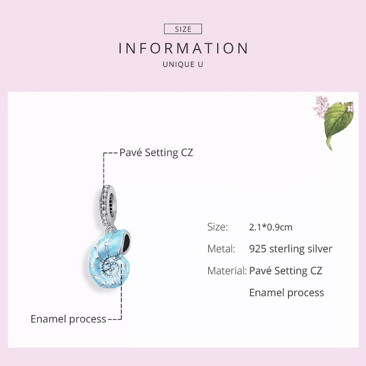 Blue Sea Snail Charm for Bracelet, S925 Sterling Silver