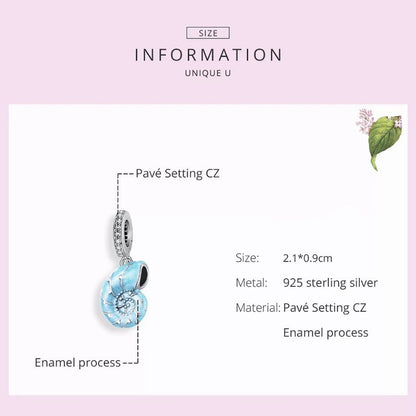 Blue Sea Snail Charm for Bracelet, S925 Sterling Silver