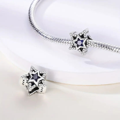 Blue Star Bead Sterling Silver Charm Hallmarked S925 for Charm Bracelet and Necklace