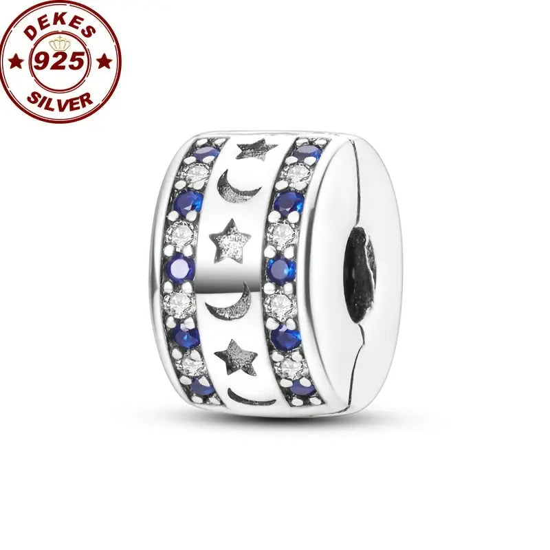 Blue Star and Moon Clip Sterling Silver Charm Hallmarked S925 for Charm Bracelet and Necklace
