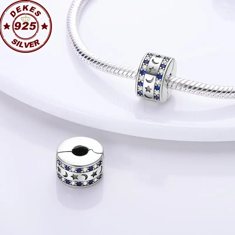 Blue Star and Moon Clip Sterling Silver Charm Hallmarked S925 for Charm Bracelet and Necklace