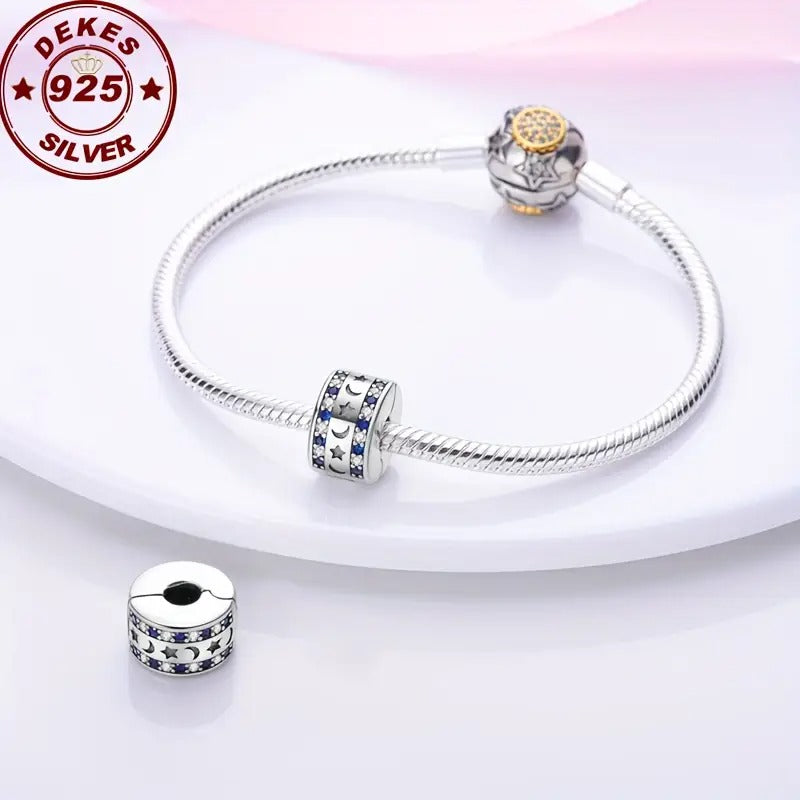 Blue Star and Moon Clip Sterling Silver Charm Hallmarked S925 for Charm Bracelet and Necklace