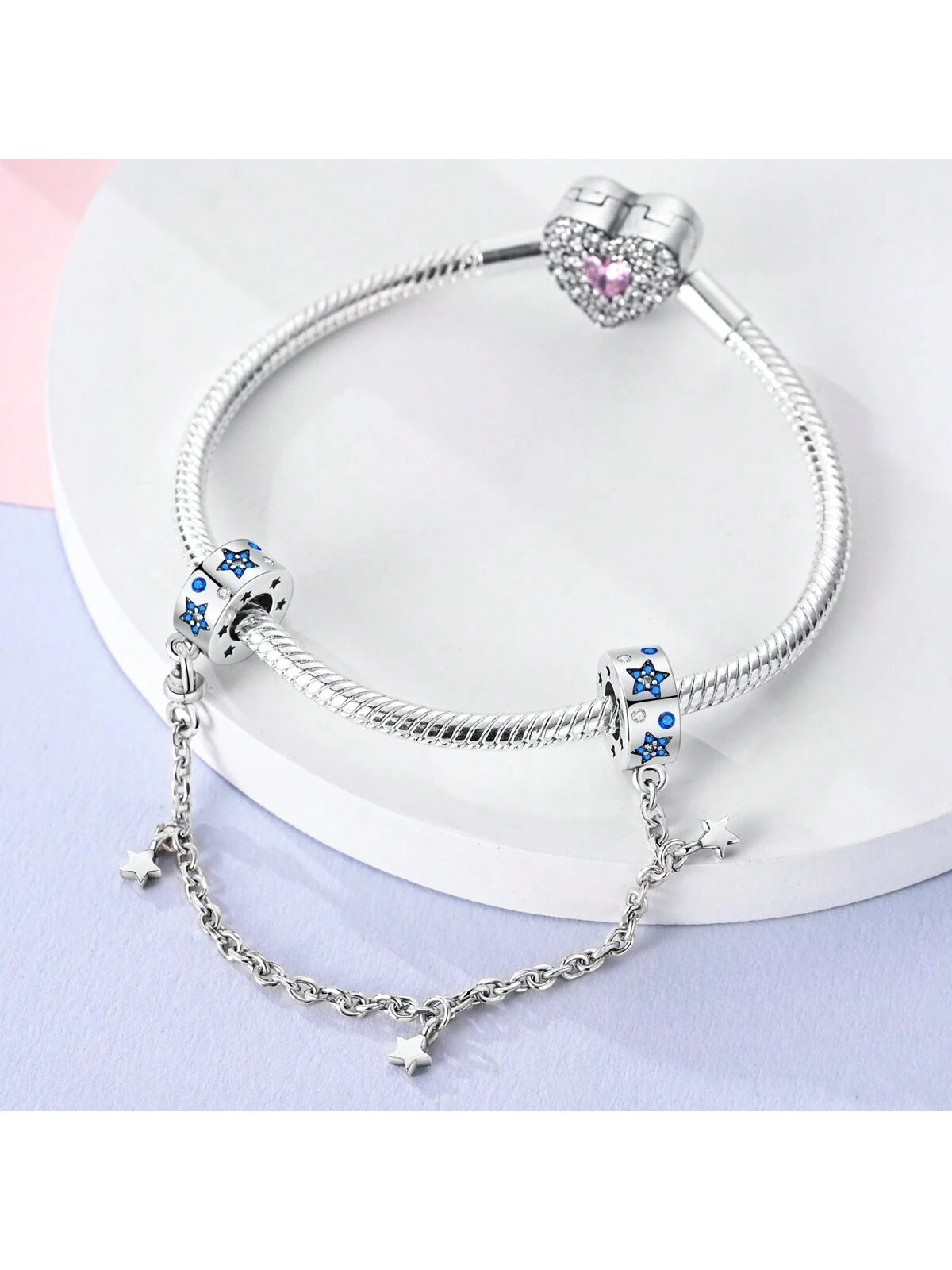 Blue Stars Safety Chain Charm for Pandora Bracelet, S925 Sterling Silver