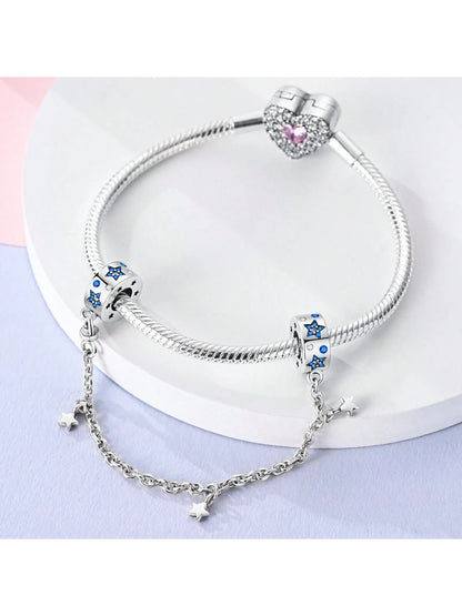 Blue Stars Safety Chain Charm for Pandora Bracelet, S925 Sterling Silver