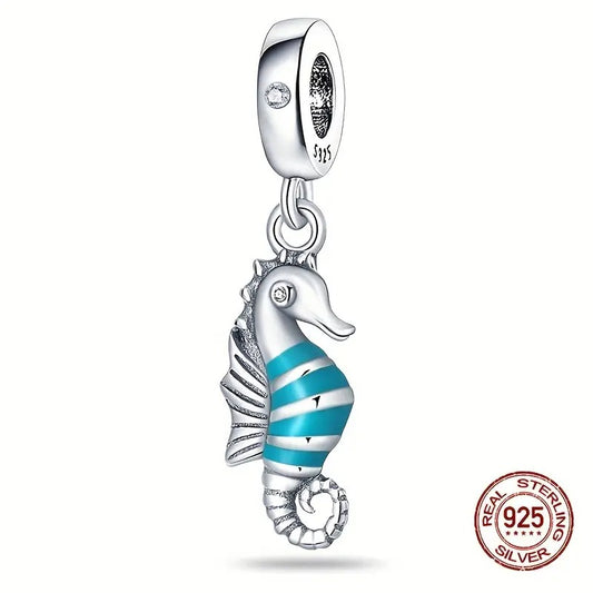 Blue Striped Seahorse Dangle Sterling Silver Charm Hallmarked S925 for Charm Bracelet and Necklace