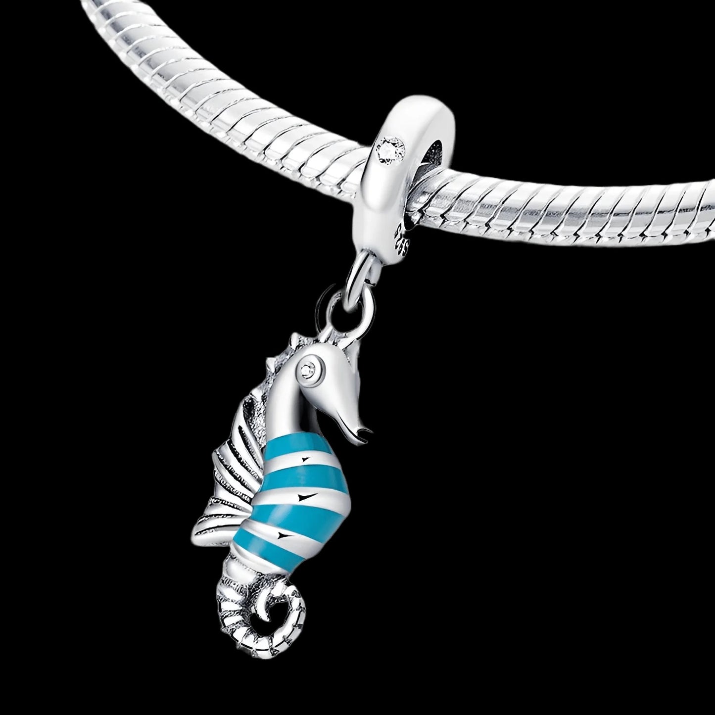 Blue Striped Seahorse Dangle Sterling Silver Charm Hallmarked S925 for Charm Bracelet and Necklace