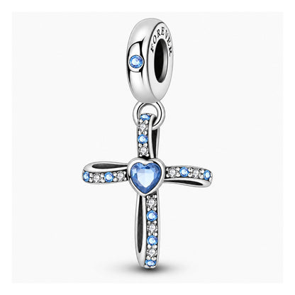 Blue Beaded Cross Sterling Silver Charm Hallmarked S925 for Charm Bracelet and Necklace