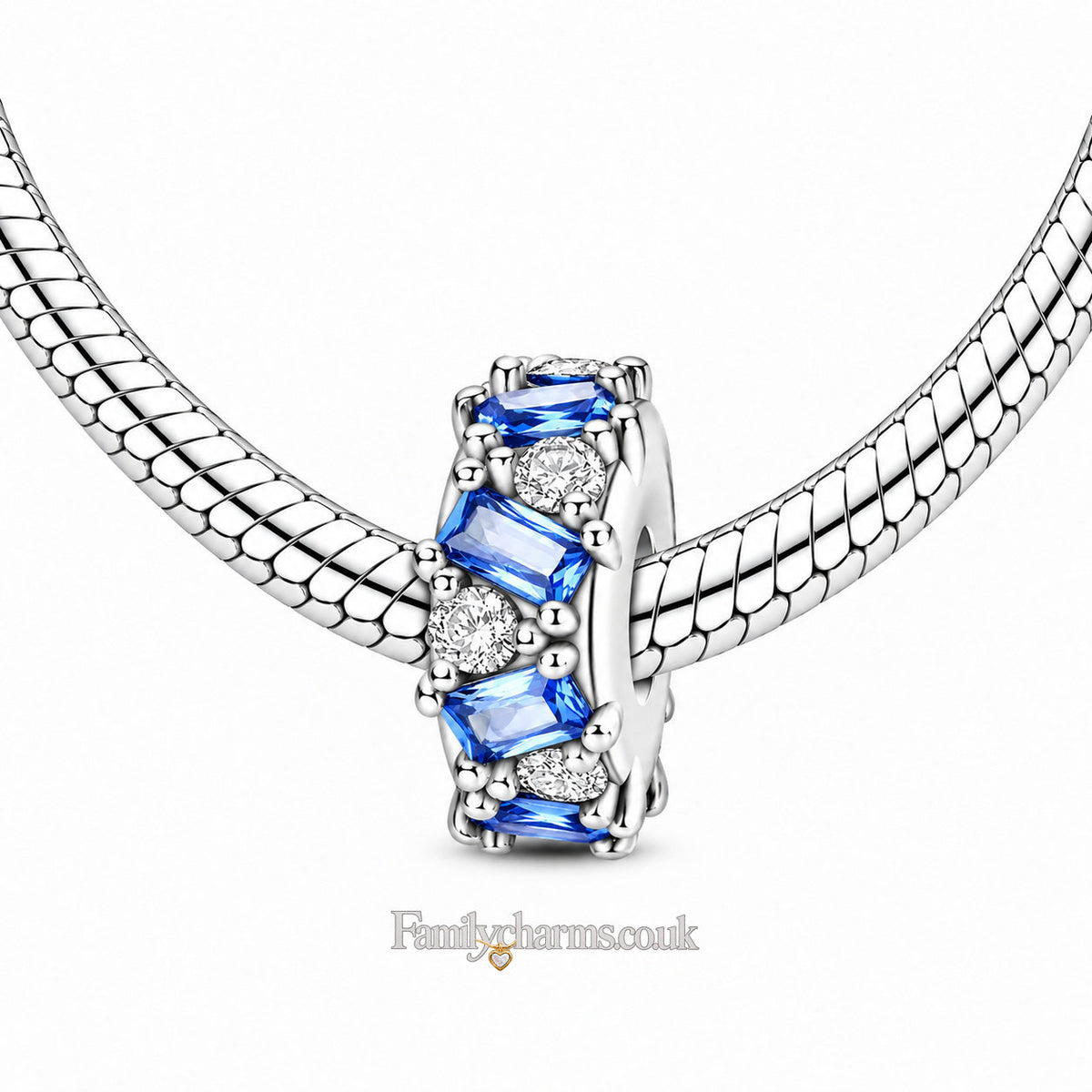 Blue Bezel Stopper with Silicone Ring Sterling Silver Charm Hallmarked S925 for Charm Bracelet and Necklace