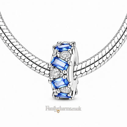 Blue Bezel Stopper with Silicone Ring Sterling Silver Charm Hallmarked S925 for Charm Bracelet and Necklace