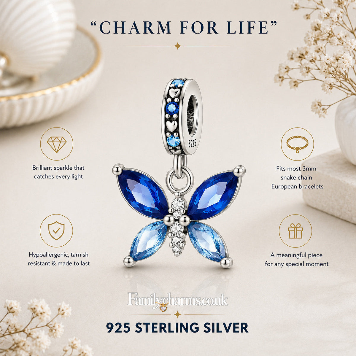 Blue Butterfly Sterling Silver Charm Hallmarked S925 for Charm Bracelet and Necklace