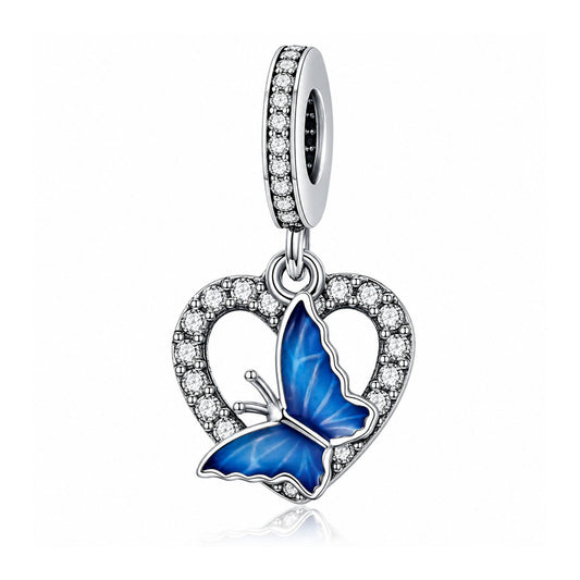 Blue Butterfly Heart Pendant Sterling Silver Charm Hallmarked S925 for Charm Bracelet and Necklace