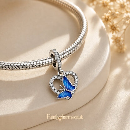Blue Butterfly Heart Pendant Sterling Silver Charm Hallmarked S925 for Charm Bracelet and Necklace