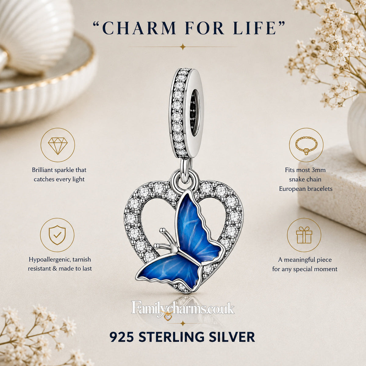 Blue Butterfly Heart Pendant Sterling Silver Charm Hallmarked S925 for Charm Bracelet and Necklace