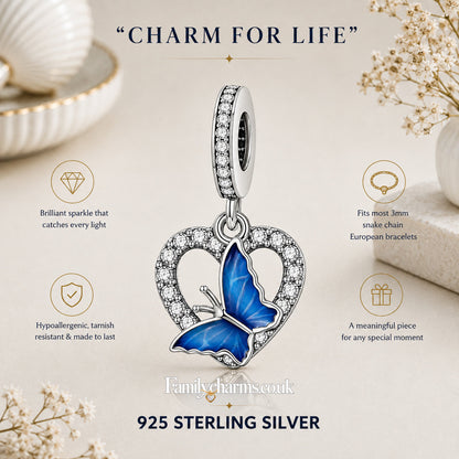 Blue Butterfly Heart Pendant Sterling Silver Charm Hallmarked S925 for Charm Bracelet and Necklace