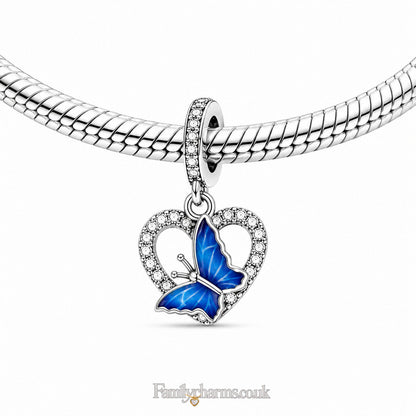 Blue Butterfly Heart Pendant Sterling Silver Charm Hallmarked S925 for Charm Bracelet and Necklace
