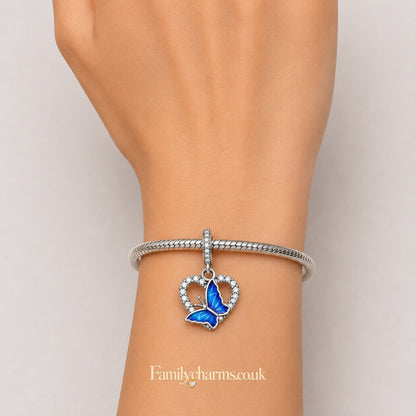 Blue Butterfly Heart Pendant Sterling Silver Charm Hallmarked S925 for Charm Bracelet and Necklace