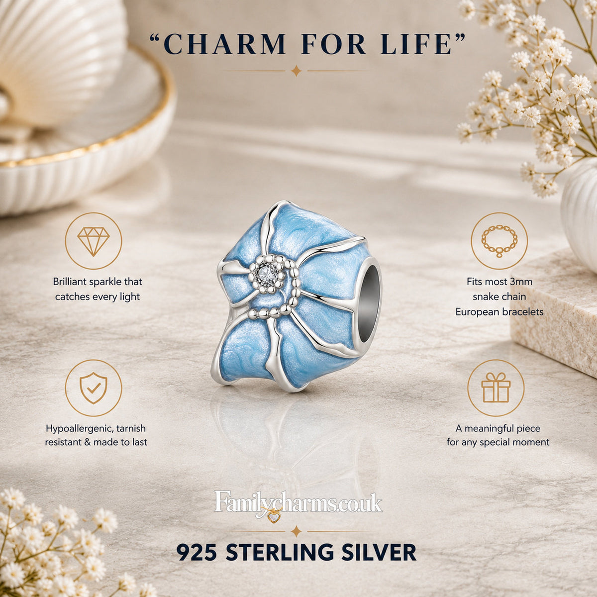 Blue Conch Seashell Bead Sterling Silver Charm Hallmarked S925 for Charm Bracelet and Necklace