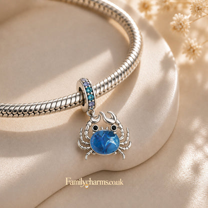 Blue Crab Dangle Pendant Sterling Silver Charm Hallmarked S925 for Charm Bracelet and Necklace