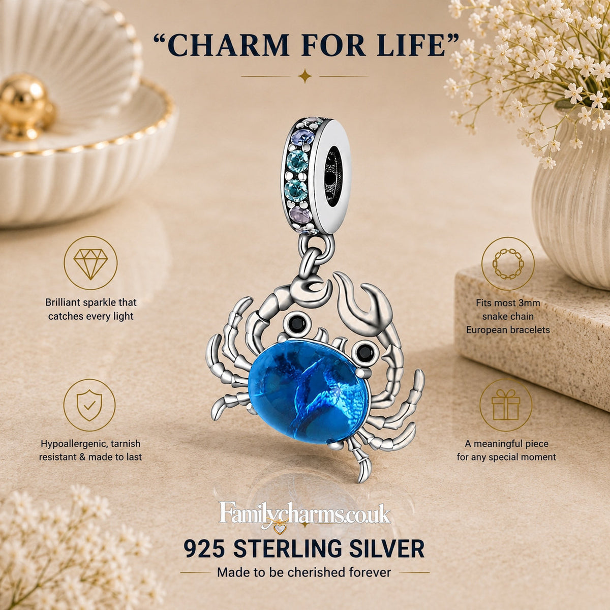 Blue Crab Dangle Pendant Sterling Silver Charm Hallmarked S925 for Charm Bracelet and Necklace