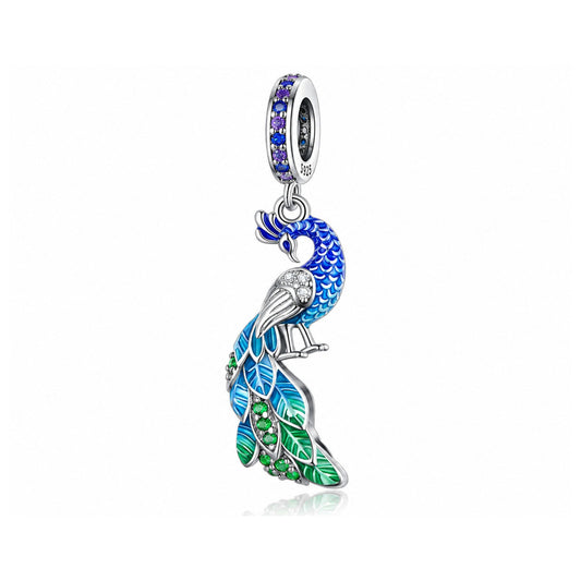 Blue Enchanting Peacock Pendant Sterling Silver Charm Hallmarked S925 for Charm Bracelet and Necklace
