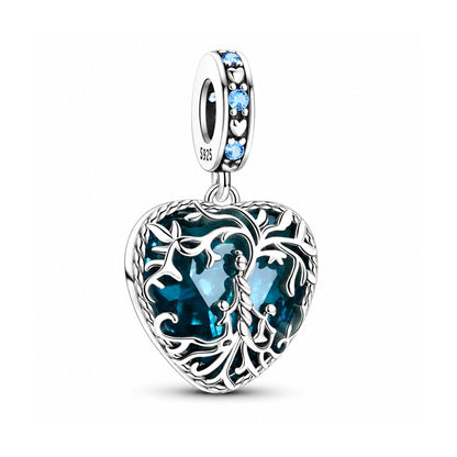 Blue Heart Family Tree Dangle Sterling Silver Charm Hallmarked S925 for Charm Bracelet and Necklace