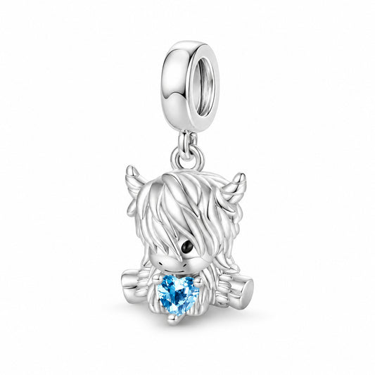 Blue Heart Highland Cow Sterling Silver Charm Hallmarked S925 for Charm Bracelet and Necklace