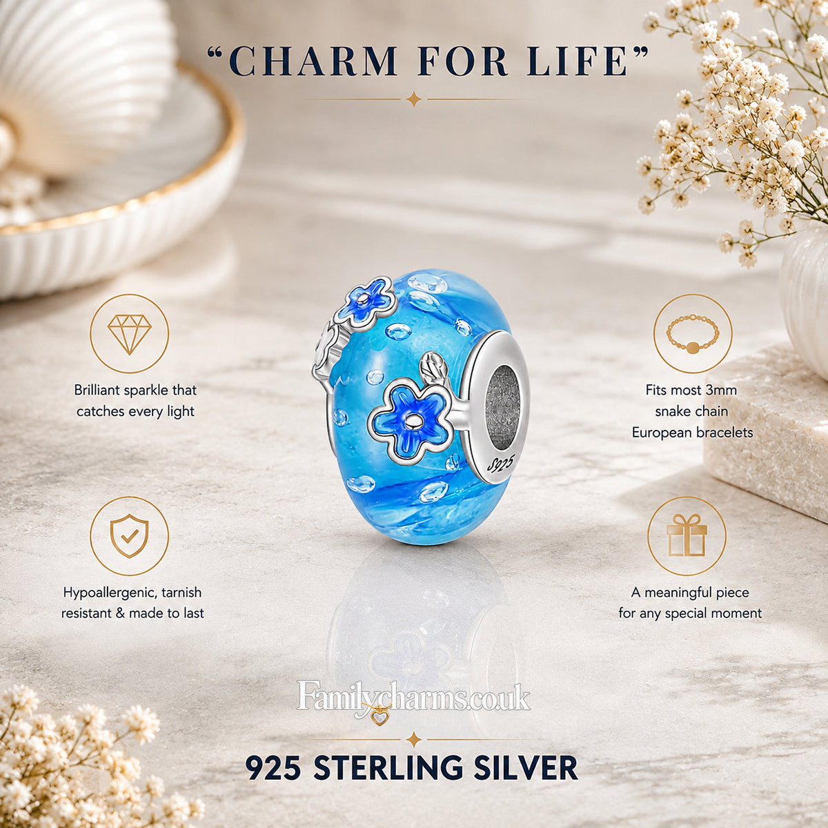 Blue Love Murano Glass Charm Hallmarked S925 for Charm Bracelet and Necklace