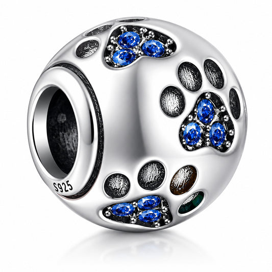 Blue Paw Print Animal Pet Dog Footprint Sterling Silver Charm Hallmarked S925 for Charm Bracelet and Necklace