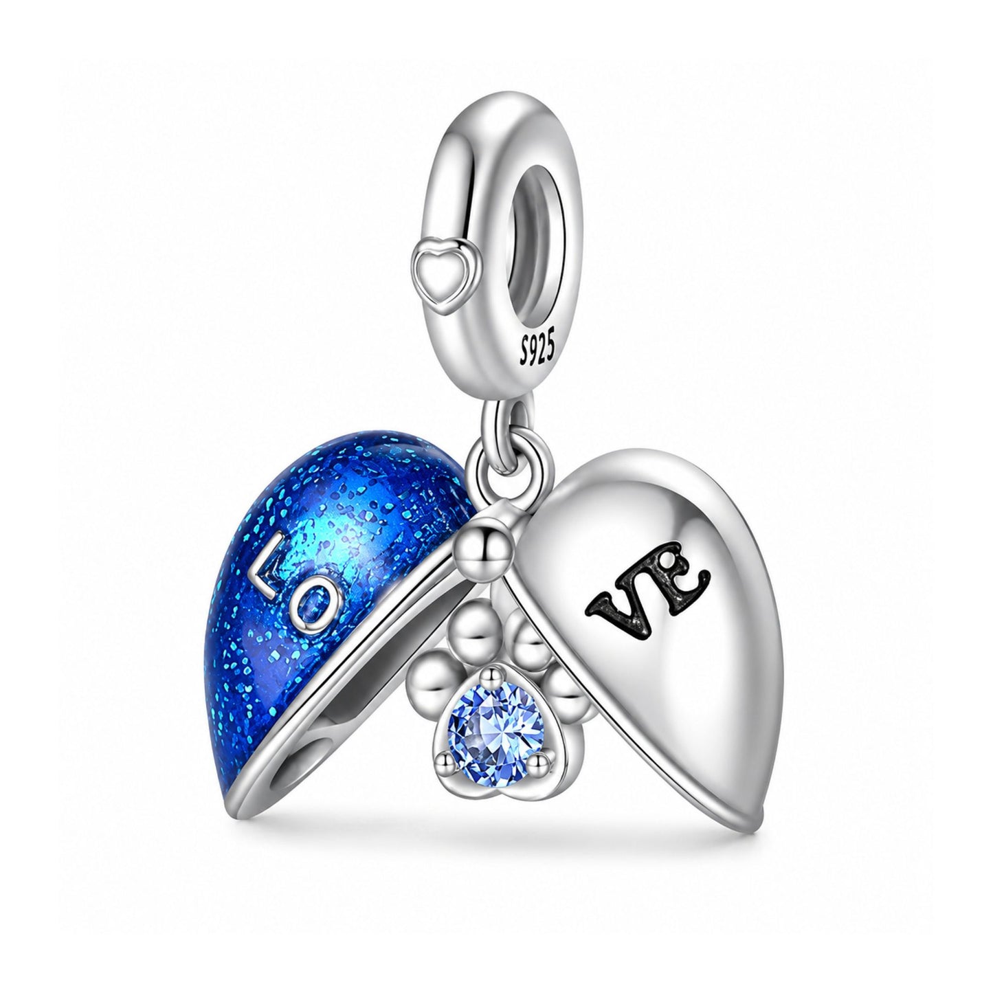 Blue Paw Print Locket Charm for Bracelet, S925 Sterling Silver