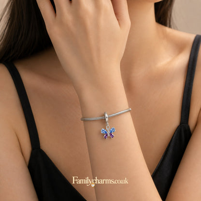 Blue Purple Butterfly Charm Sterling Silver Charm Hallmarked S925 for Charm Bracelet and Necklace