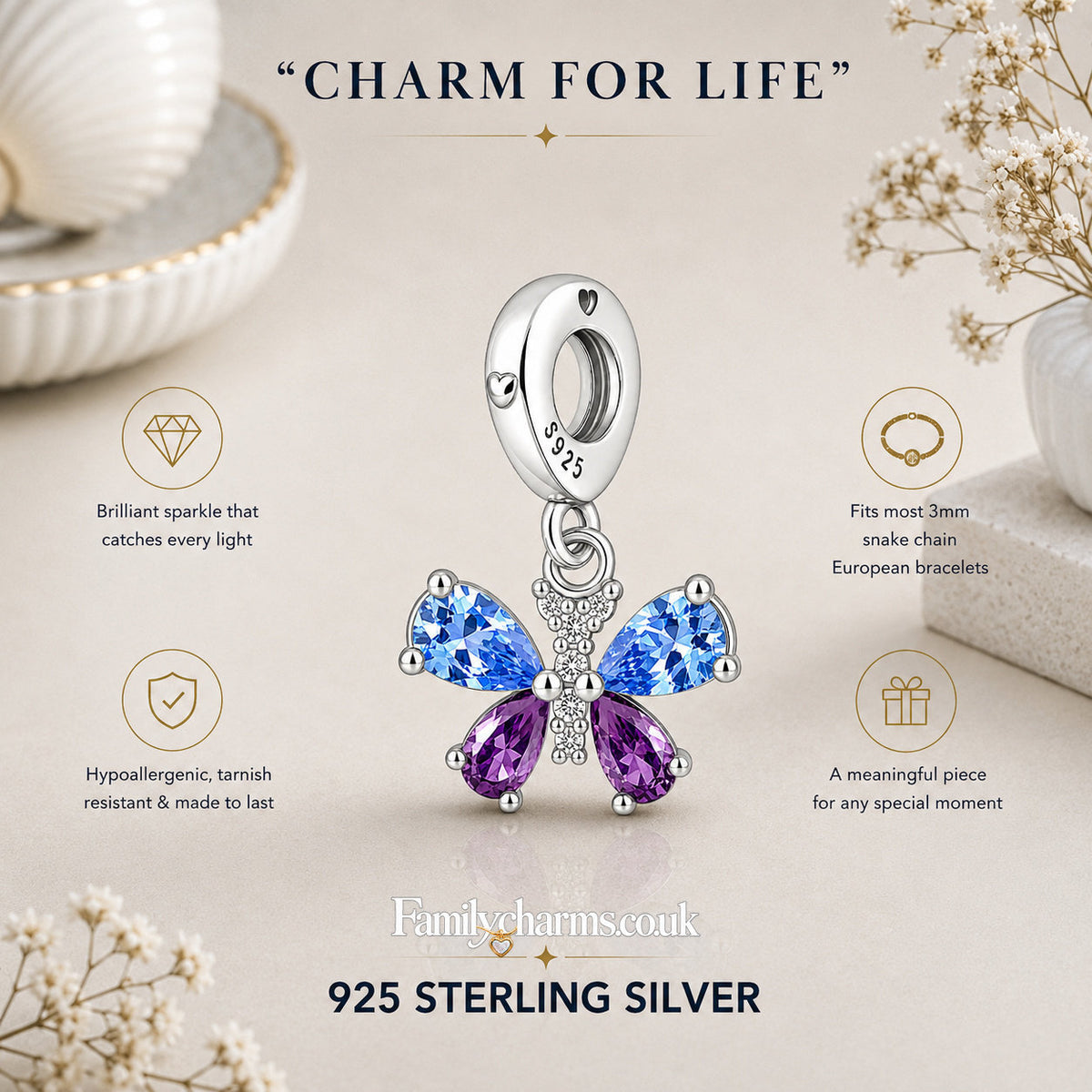 Blue Purple Butterfly Charm Sterling Silver Charm Hallmarked S925 for Charm Bracelet and Necklace