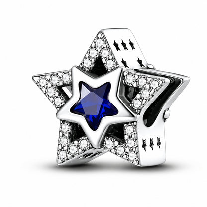 Blue Star Bead Sterling Silver Charm Hallmarked S925 for Charm Bracelet and Necklace