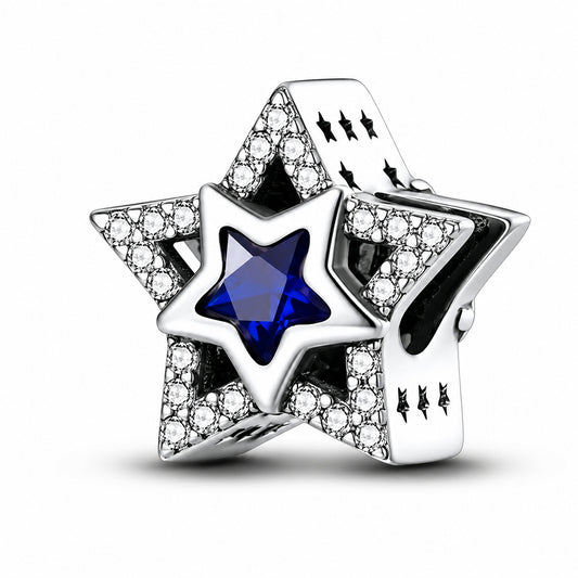 Blue Star Bead Sterling Silver Charm Hallmarked S925 for Charm Bracelet and Necklace