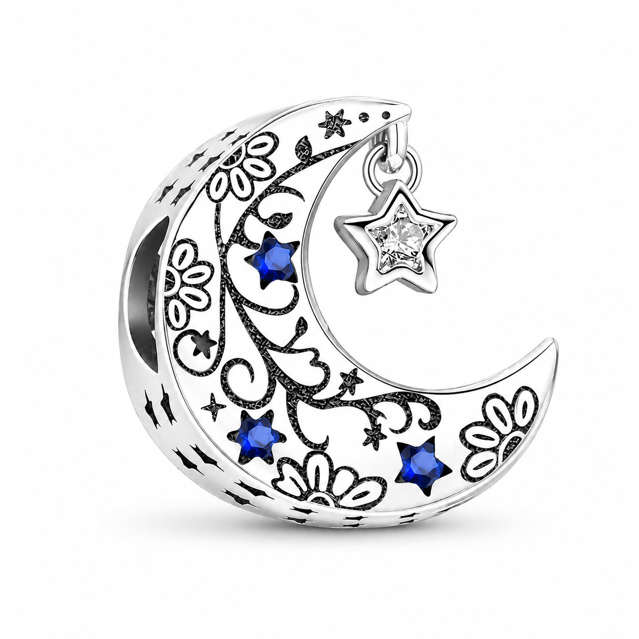 Blue Stars & Moon Bead Sterling Silver Charm Hallmarked S925 for Charm Bracelet and Necklace