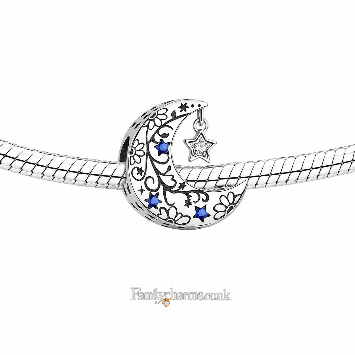 Blue Stars & Moon Bead Sterling Silver Charm Hallmarked S925 for Charm Bracelet and Necklace