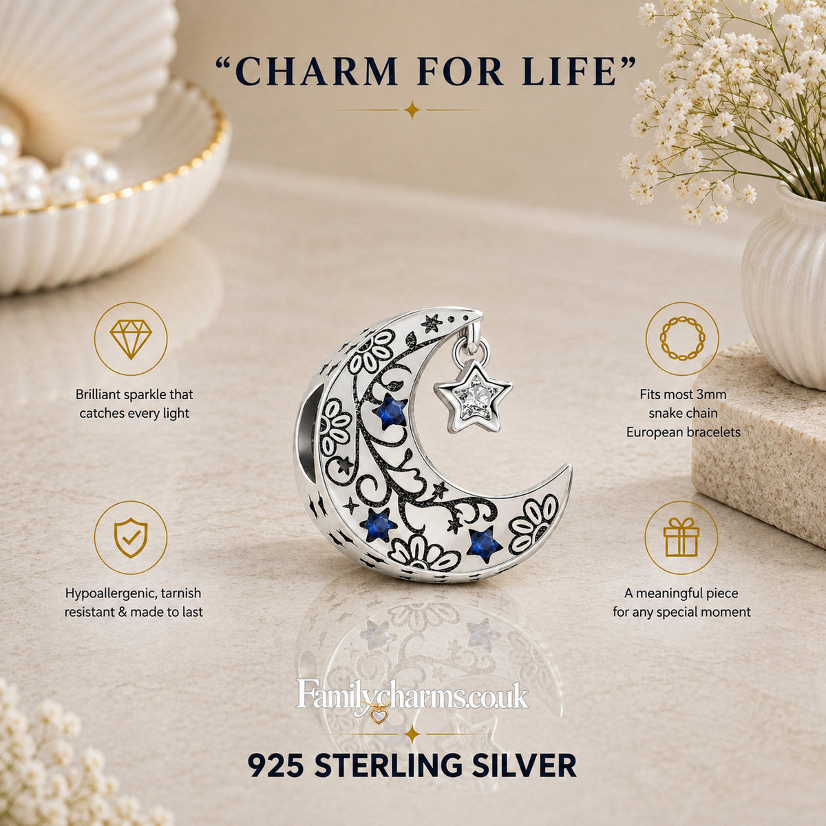 Blue Stars & Moon Bead Sterling Silver Charm Hallmarked S925 for Charm Bracelet and Necklace