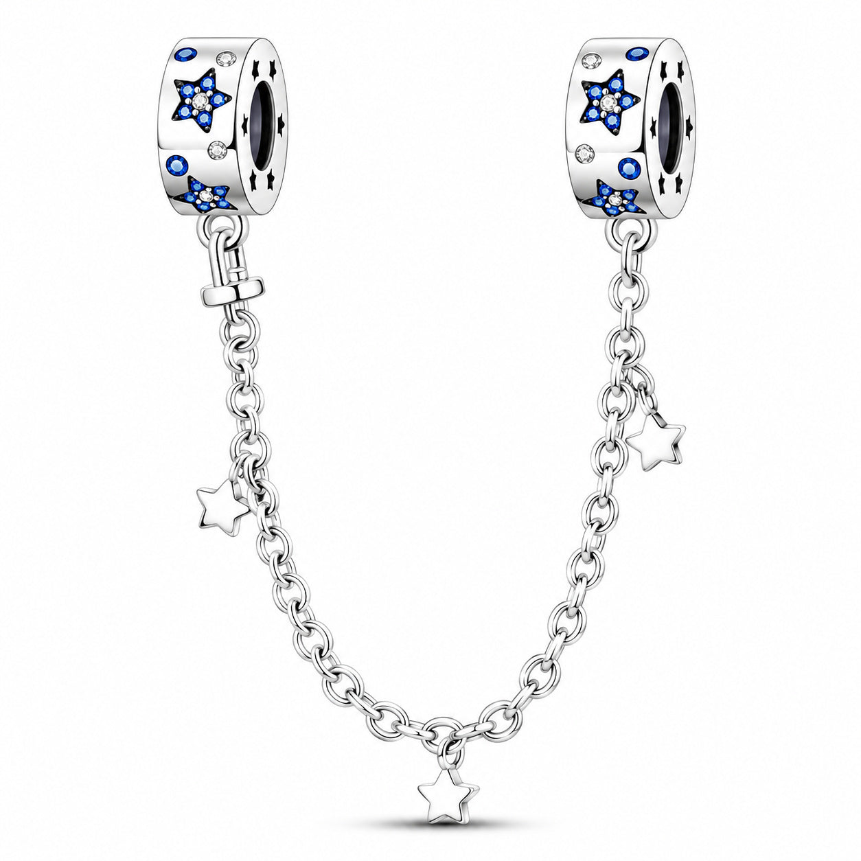 Blue Stars Safety Chain Charm for Pandora Bracelet, S925 Sterling Silver