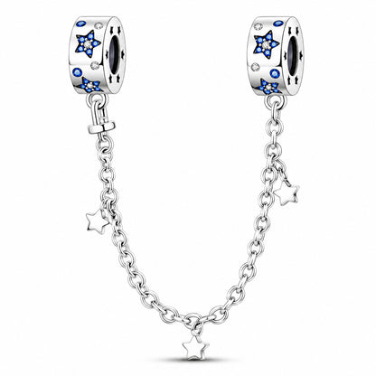 Blue Stars Safety Chain Charm for Pandora Bracelet, S925 Sterling Silver