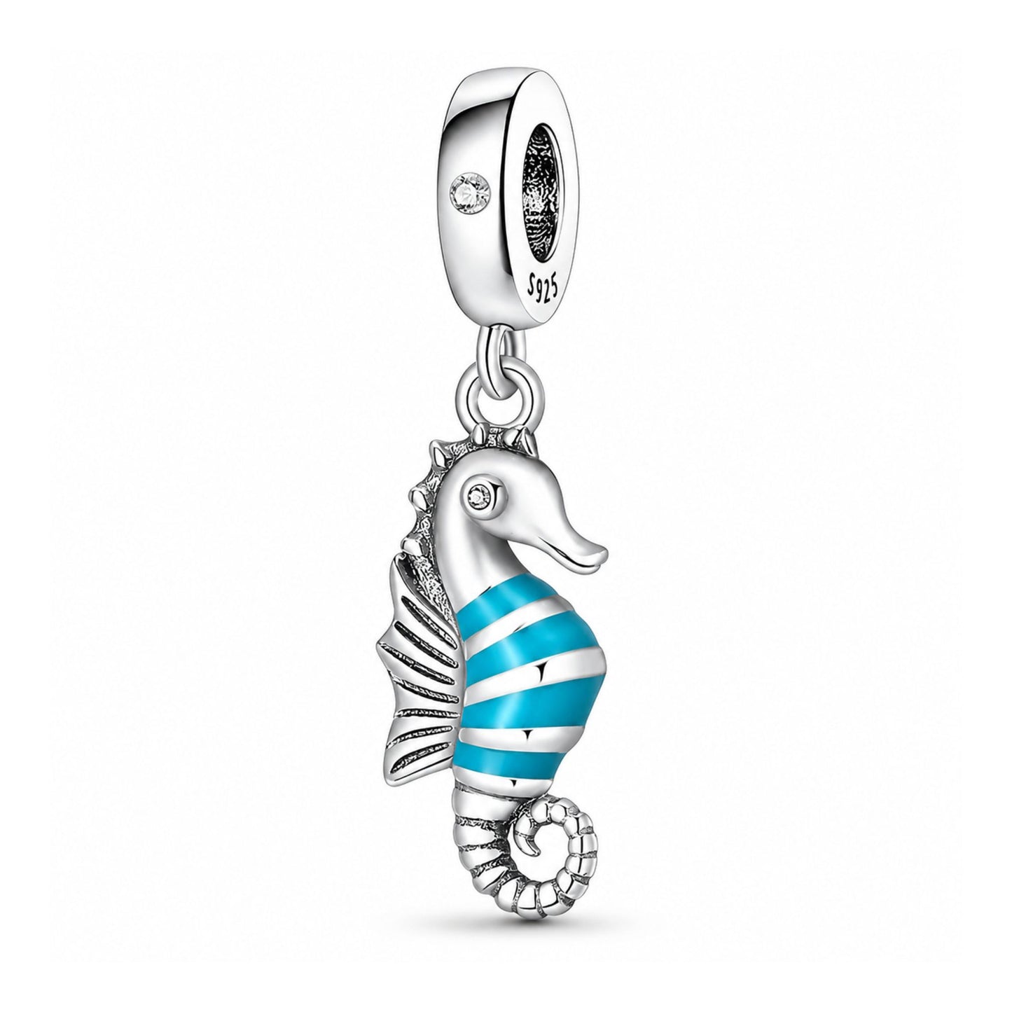 Blue Striped Seahorse Dangle Sterling Silver Charm Hallmarked S925 for Charm Bracelet and Necklace