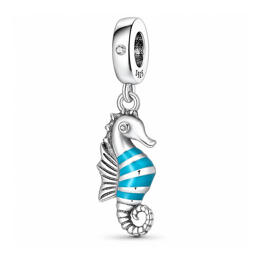 Blue Striped Seahorse Dangle Sterling Silver Charm Hallmarked S925 for Charm Bracelet and Necklace