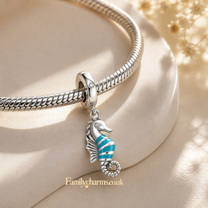 Blue Striped Seahorse Dangle Sterling Silver Charm Hallmarked S925 for Charm Bracelet and Necklace